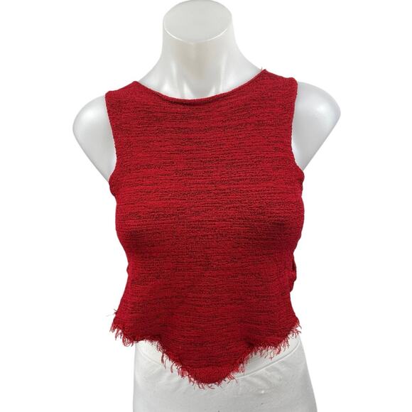 Bette Paige Red Sleeveless Asymmetrical Cut Off Fringe Cami Tank Crop Top Size M - Picture 1 of 4